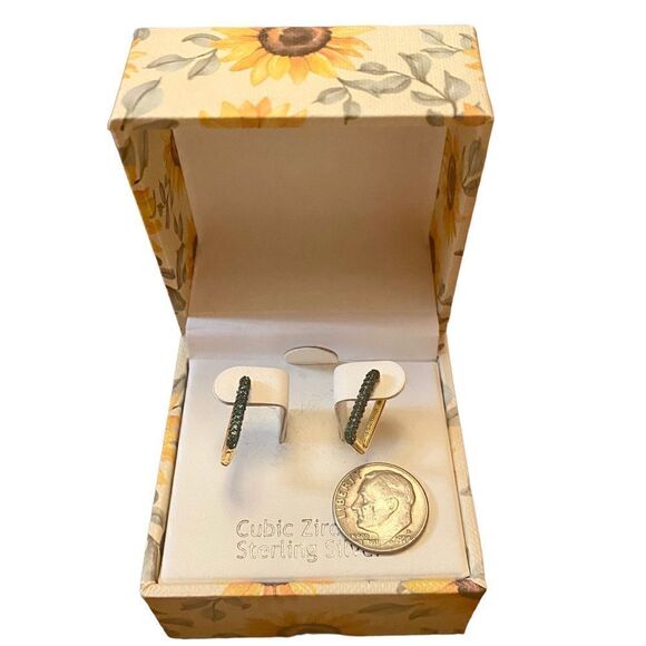 Nanette Lepore Sterling Silver Dark Green Pave Crystal & Gold Toned Rectangular - Picture 5 of 5